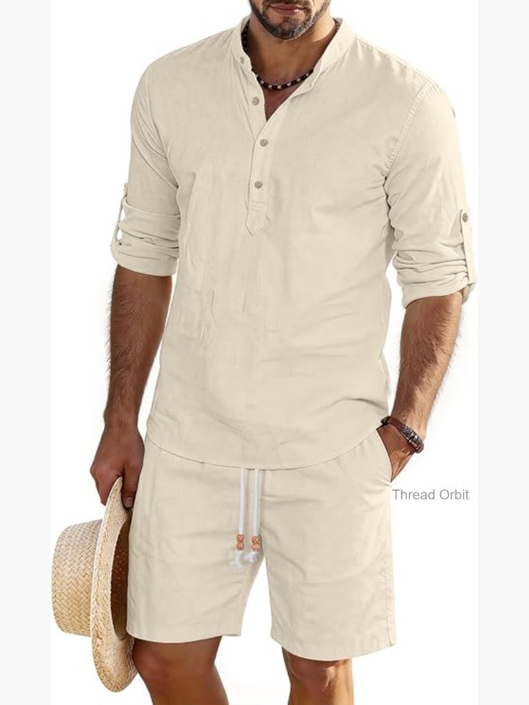 Men's Linen Cotton 2 Piece Set Henley Shirt & Shorts Summer Outfits